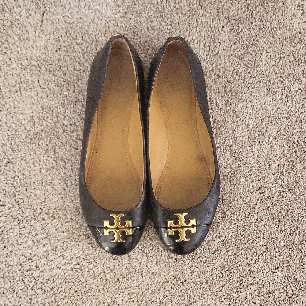 Tory Burch Black Leather Flats with Gold Emblem
